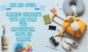 Kids items, shoes, a bachpack with wheels, a starfish and a bowl of children's toys soaking in a solution of EarthSential Clove oil cleaner and water