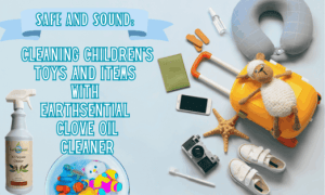 top 3 reasons to clean your stove with orange oil 9 Kids items, shoes, a bachpack with wheels, a starfish and a bowl of children's toys soaking in a solution of EarthSential Clove oil cleaner and water