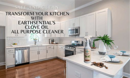 a clean kichen with earthsential clove oil cleaner on the counter