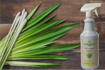 lemongrass cleaner on a table with real lemongrass