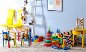 a kids room full of toys, a kids table and chair and teddy bears