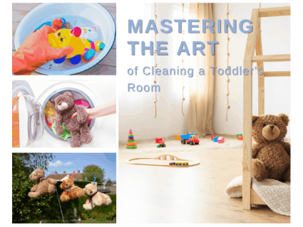 a toddlers room with toys on the floor, toys being cleaned and hung on a clothes line to dry