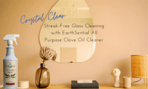 A mirror hanging on the wall, a vase with a fluffy white flower and a bottle of EarthSential All Purpose Clove Oil Spray