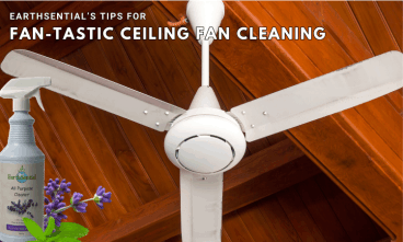 A freshly cleaned ceiling fan and a bottle of Lavender All Purpose Cleaner by EarthSential