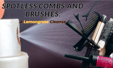 combs and brushes being sprayed with EarthSential Lemongrass all purpose cleaner