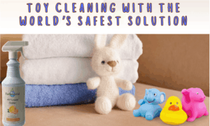 A bunny teddy and some bath toys ready for a spa treatment from EarthSential, the worlds safest cleaner