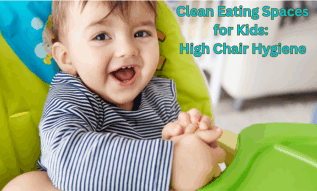 A toddler eating and having a great time in the high chair