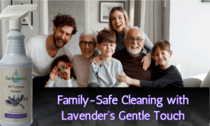 a family with a bottle of EarthSential Lavender all purpose cleaner