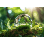 A crystal clear globe of the Earth inside the forest with the sun shining through the trees.Clean Earth: Our Sustainable Journey