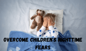 A little boy covering his eyes in bed because he is scared of the dark
