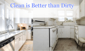 A clean kitchen and a very dirty kitchen