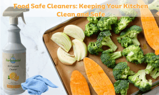 prepping food to go into the oven, with a bottle of food safe cleaner