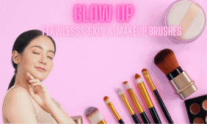 A women with flawless skin and makeup brushes